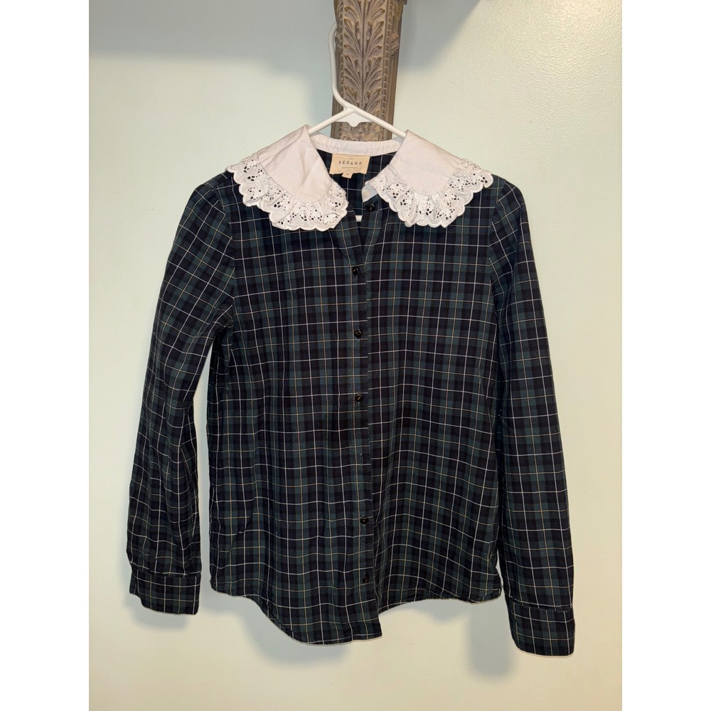 Sézane Phoebe Plaid Button Down Shirt Green White Lace Collar 34 US 2
Preppy - Picture 3 of 10
